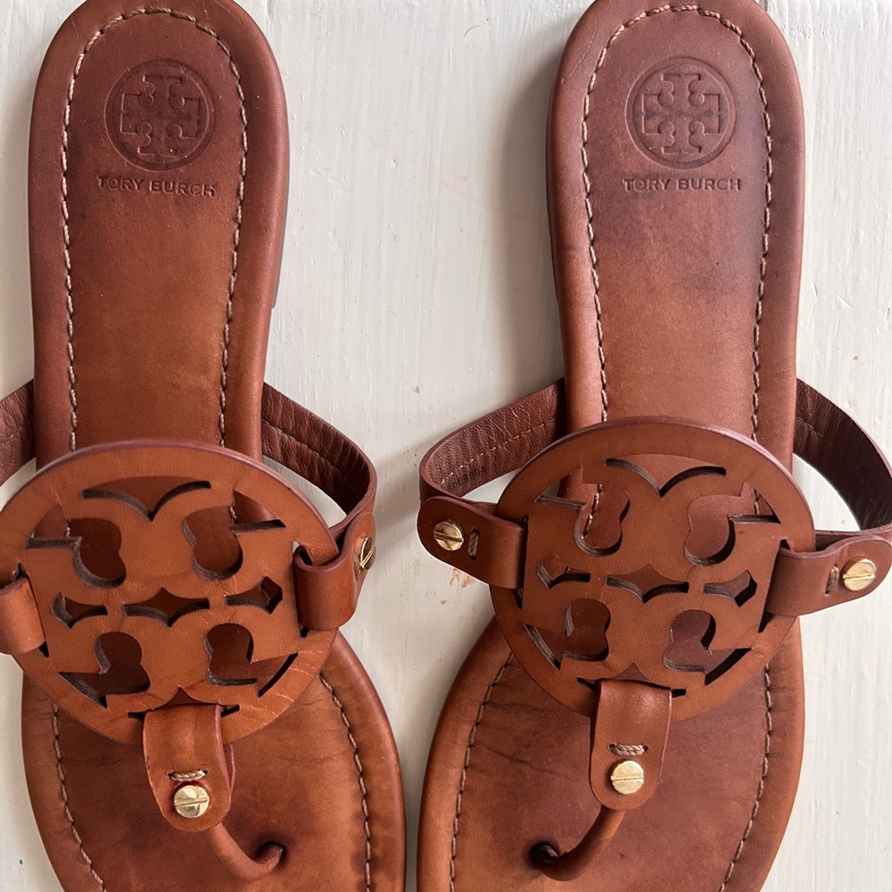 Cognac colored Tory Burch Miller sandals! Light staining but in great condition